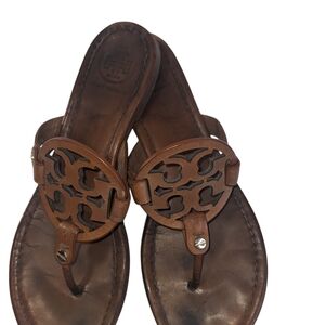 Tory Burch Iconic Miller Tan Leather Sandals Size 8 Flaws